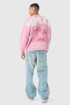 Best Sale boohooMAN Oversized Boxy Palm Graphic Cardigan in pink