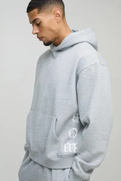 Cheap boohooMAN Oversized Boxy Printed Flared Tracksuit grey marl