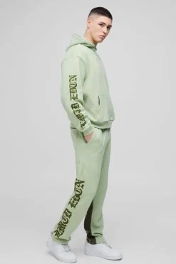 Sale boohooMAN Oversized Boxy Printed Gusset Tracksuit khaki