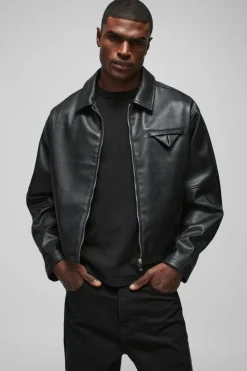 Flash Sale boohooMAN Oversized Boxy PU Pleated Harrington Jacket black