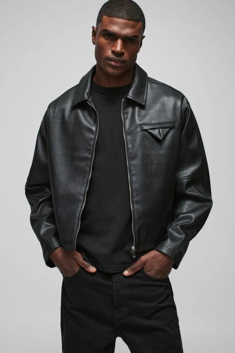 Flash Sale boohooMAN Oversized Boxy PU Pleated Harrington Jacket black