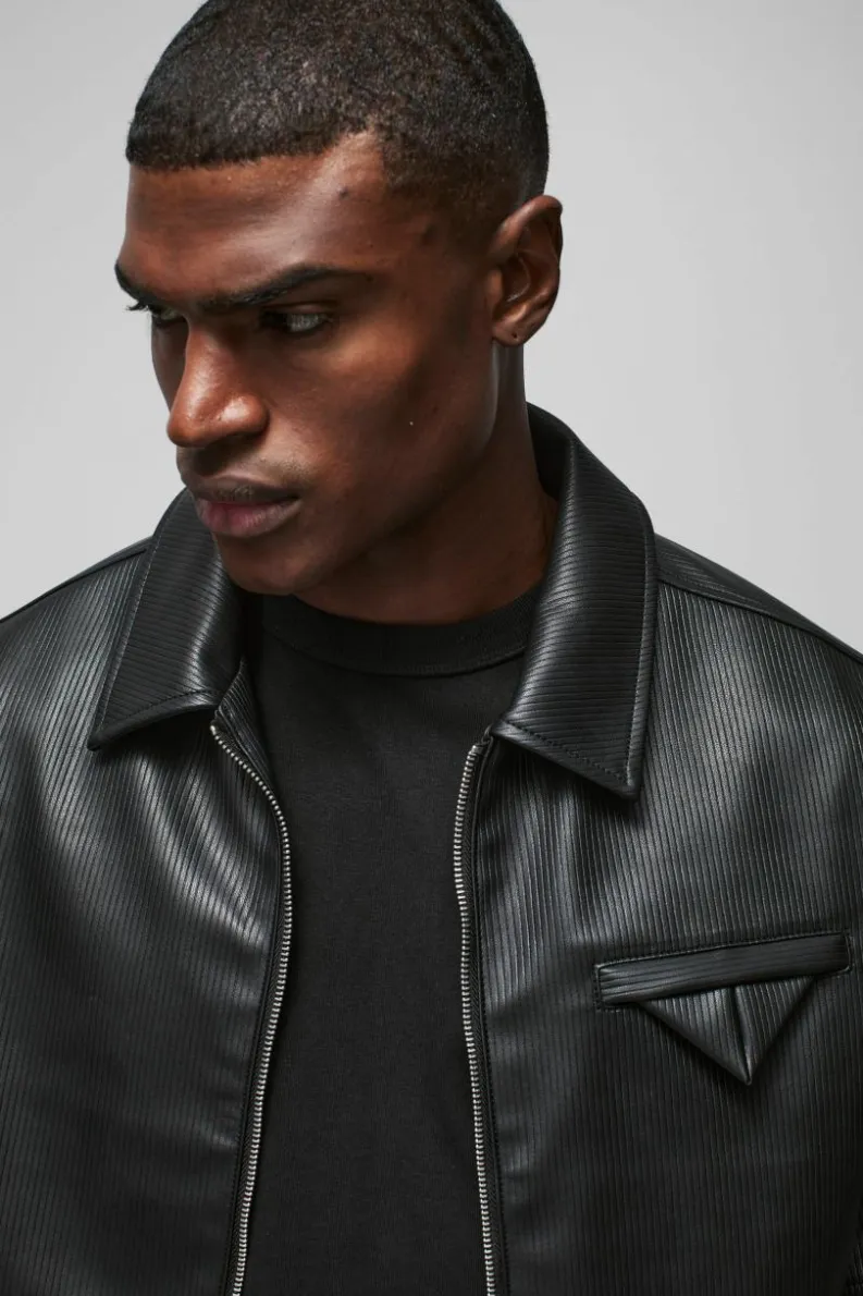 Flash Sale boohooMAN Oversized Boxy PU Pleated Harrington Jacket black