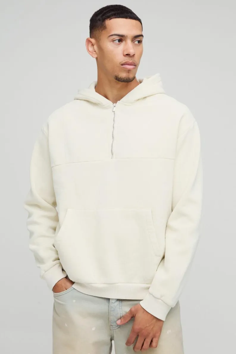 Hot boohooMAN Oversized Boxy Quarter Zip Washed Hoodie stone