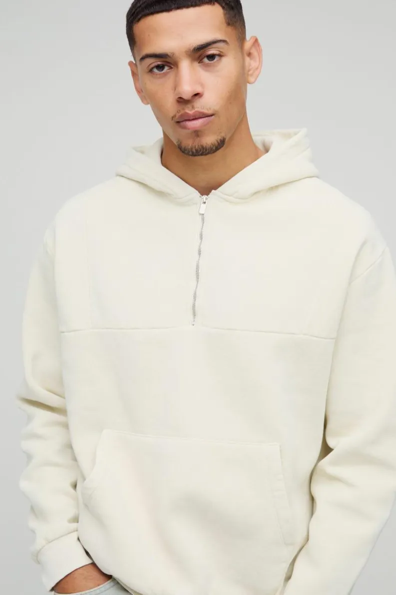 Hot boohooMAN Oversized Boxy Quarter Zip Washed Hoodie stone