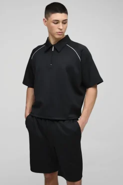 Sale boohooMAN Oversized Boxy Raglan Scuba Polo & Short Set black