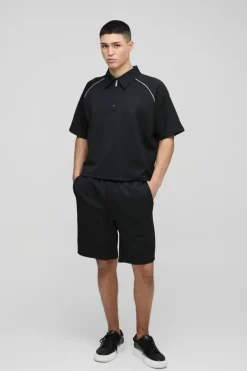 Sale boohooMAN Oversized Boxy Raglan Scuba Polo & Short Set black