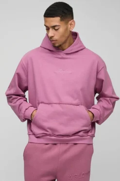 Outlet boohooMAN Oversized Boxy Raw Edge Loopback Embroidered Hoodie mauve