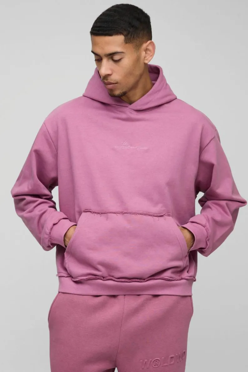 Outlet boohooMAN Oversized Boxy Raw Edge Loopback Embroidered Hoodie mauve