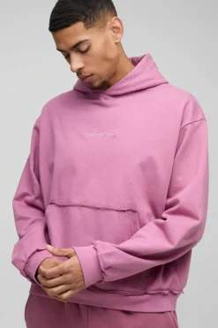 Outlet boohooMAN Oversized Boxy Raw Edge Loopback Embroidered Hoodie mauve