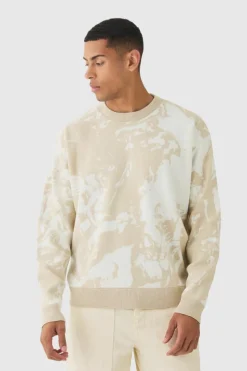 Discount boohooMAN Oversized Boxy Renaissance Graphic Knit Jumper stone