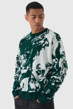 Online boohooMAN Oversized Boxy Renaissance Graphic Knit Jumper forest