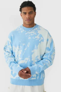 Best boohooMAN Oversized Boxy Renaissance Graphic Knit Jumper light blue