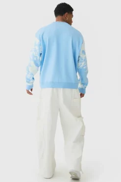 Best boohooMAN Oversized Boxy Renaissance Graphic Knit Jumper light blue