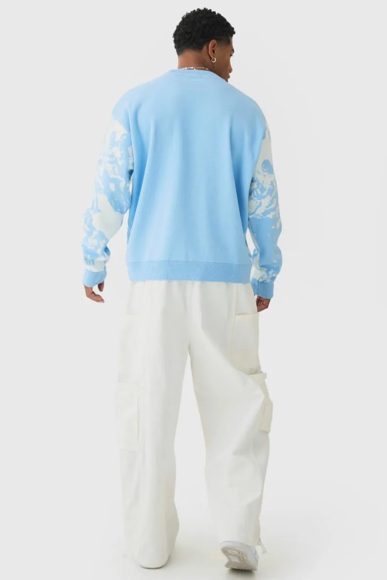 Best boohooMAN Oversized Boxy Renaissance Graphic Knit Jumper light blue
