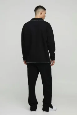 Outlet boohooMAN Oversized Boxy Revere Blanket Stitch Polo Sweatshirt black