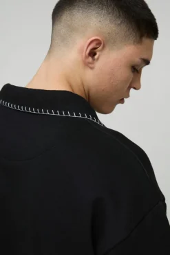 Outlet boohooMAN Oversized Boxy Revere Blanket Stitch Polo Sweatshirt black