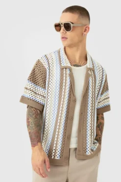 Hot boohooMAN Oversized Boxy Revere Open Knit Stripe Shirt blue