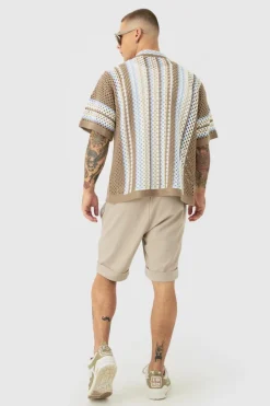 Hot boohooMAN Oversized Boxy Revere Open Knit Stripe Shirt blue
