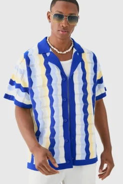 Best boohooMAN Oversized Boxy Revere Open Knit Stripe Shirt In blue