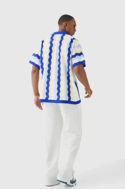Best boohooMAN Oversized Boxy Revere Open Knit Stripe Shirt In blue
