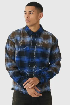 Online boohooMAN Oversized Boxy Rhinestone Washed Checked Shirt blue