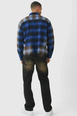 Online boohooMAN Oversized Boxy Rhinestone Washed Checked Shirt blue
