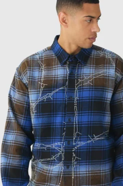 Online boohooMAN Oversized Boxy Rhinestone Washed Checked Shirt blue