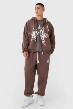Discount boohooMAN Oversized Boxy Rope Drawcords Varsity Zip Through Tracksuit chocolate