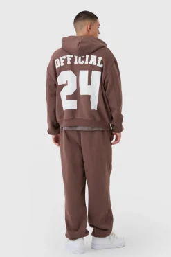 Discount boohooMAN Oversized Boxy Rope Drawcords Varsity Zip Through Tracksuit chocolate