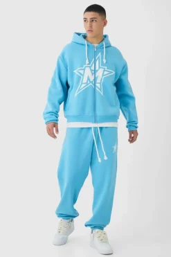 Flash Sale boohooMAN Oversized Boxy Rope Drawcords Varsity Zip Through Tracksuit blue