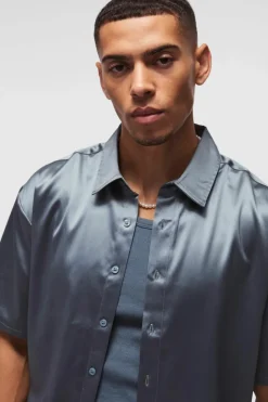 Flash Sale boohooMAN Oversized Boxy Satin Short Sleeve Shirt dusty blue