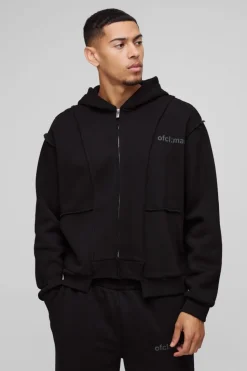 Cheap boohooMAN Oversized Boxy Seam Detail Raw Edge Zip Through Hoodie black