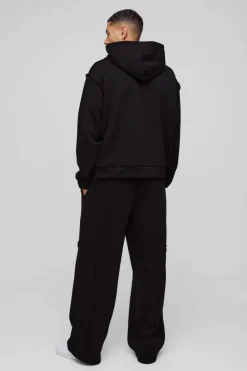 Cheap boohooMAN Oversized Boxy Seam Detail Raw Edge Zip Through Hoodie black