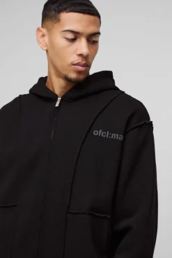 Cheap boohooMAN Oversized Boxy Seam Detail Raw Edge Zip Through Hoodie black