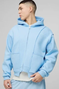 Online boohooMAN Oversized Boxy Seam Detail Raw Edge Zip Through Hoodie blue