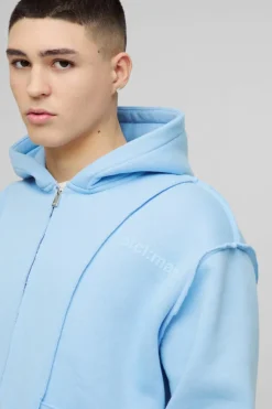 Online boohooMAN Oversized Boxy Seam Detail Raw Edge Zip Through Hoodie blue