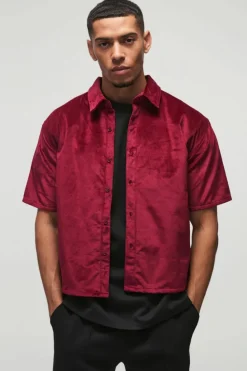 Hot boohooMAN Oversized Boxy Short Sleeve Velour Shirt red