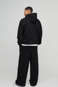 Store boohooMAN Oversized Boxy Skeleton Puff Print Contrast Stitch Zip Through Hooded Tracksuit black