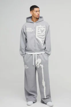 Best boohooMAN Oversized Boxy Skeleton Puff Print Contrast Stitch Zip Through Hooded Tracksuit grey marl