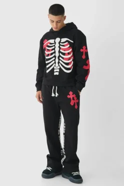 Flash Sale boohooMAN Oversized Boxy Skeleton Puff Print Cross Tracksuit black
