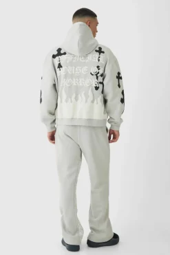 Discount boohooMAN Oversized Boxy Skeleton Puff Print Cross Tracksuit grey