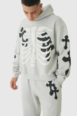 Discount boohooMAN Oversized Boxy Skeleton Puff Print Cross Tracksuit grey