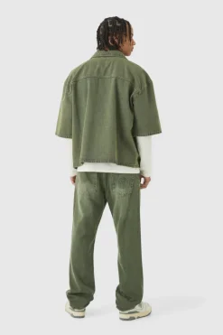 Discount boohooMAN Oversized Boxy 3/4 Sleeve Denim Overshirt green