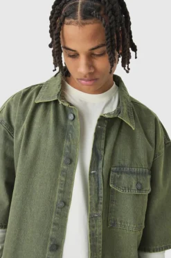 Discount boohooMAN Oversized Boxy 3/4 Sleeve Denim Overshirt green
