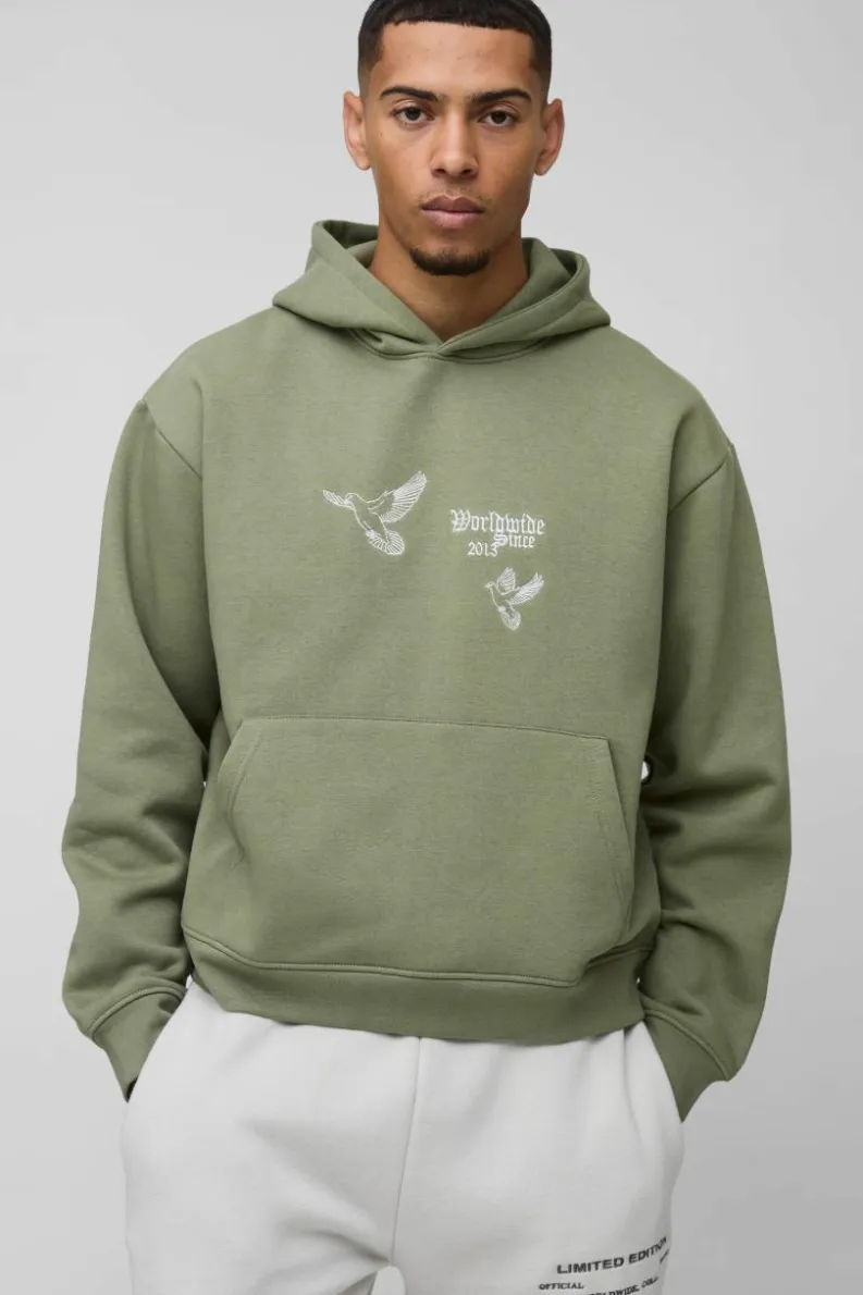 Outlet boohooMAN Oversized Boxy Smart Embroidered Hoodie khaki
