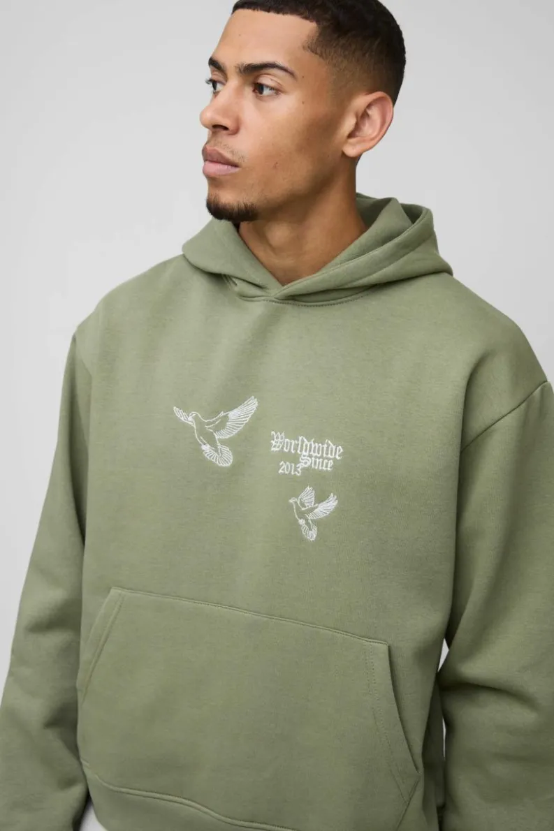 Outlet boohooMAN Oversized Boxy Smart Embroidered Hoodie khaki