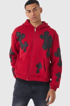 New boohooMAN Oversized Boxy Spray Cross Zip Through Hoodie red
