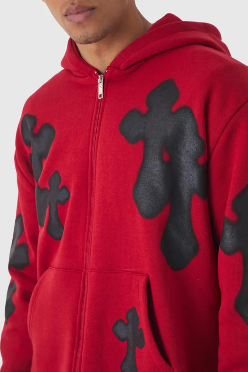 New boohooMAN Oversized Boxy Spray Cross Zip Through Hoodie red