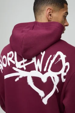Store boohooMAN Oversized Boxy Spray Graffiti Print Hoodie burgundy