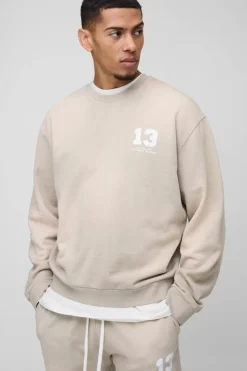 Outlet boohooMAN Oversized Boxy Spray Wash Ofcl Printed Sweatshirt stone